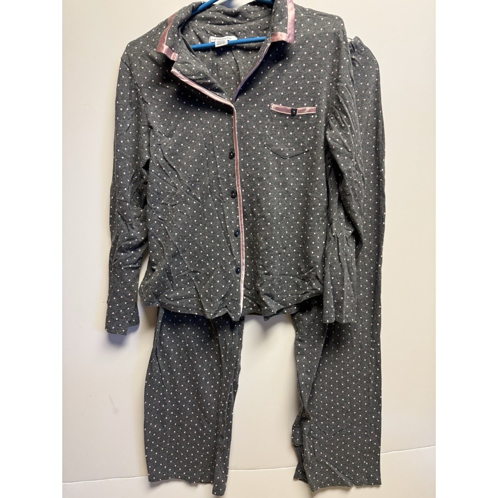 Liz Claiborne Women's Charcole And Pink Polka Dot Pajama Set. Size Large